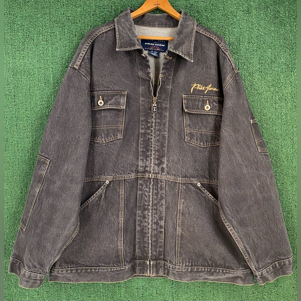 Vintage 90’s Phat Farm Dark Grey Full Zip Utility Denim Jean Jacket Men’s SZ 3XL